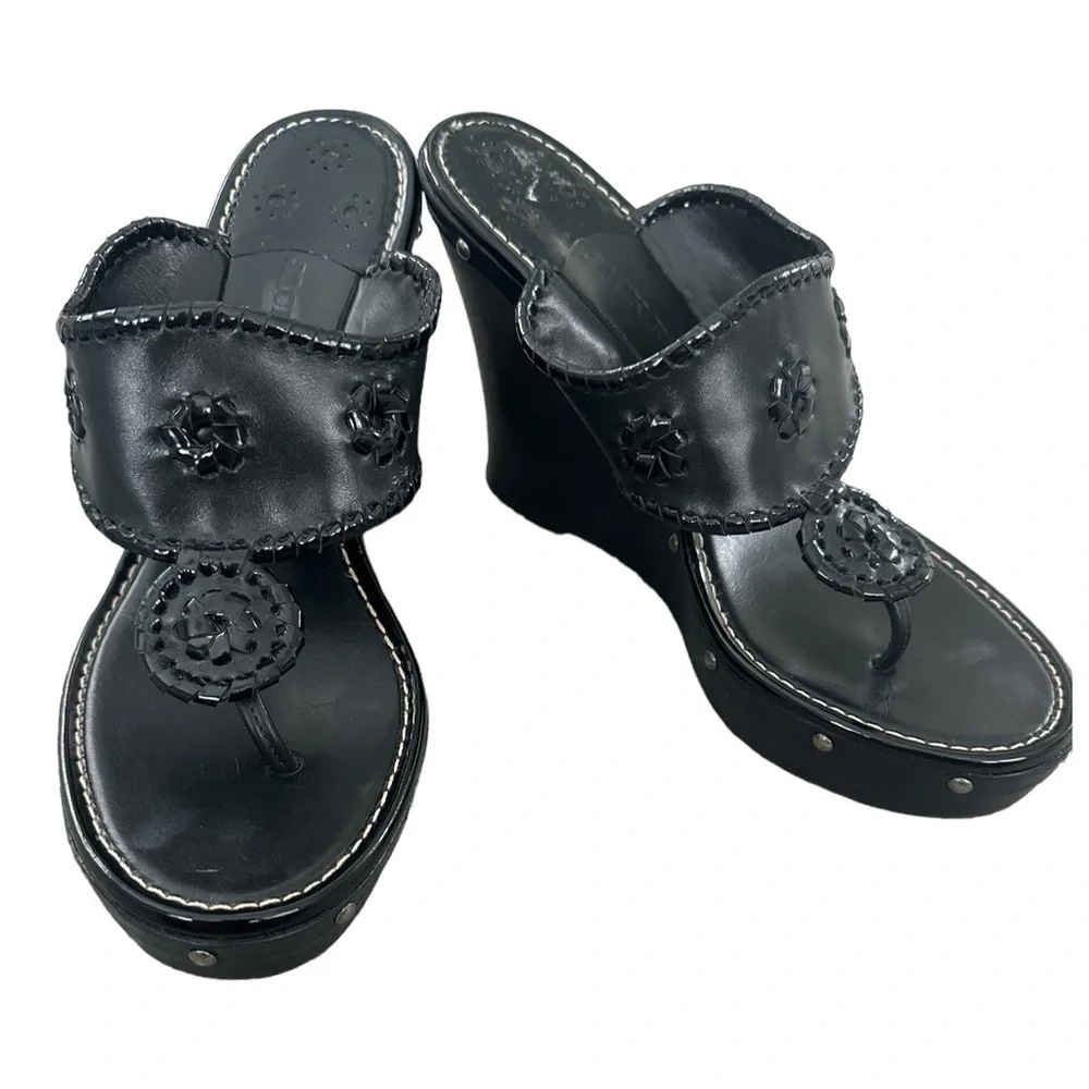 Jack Rogers Marbella Platform Wedge Size 10M Black Leather Fairygoth Shoes - Picture 3 of 6